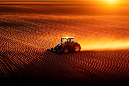 Tractor plowing through expansive farmland during sunset. Warm golden light enhances the agricultural landscape with rich soil rows. Concept of farming, crop cultivation, rural life.の素材