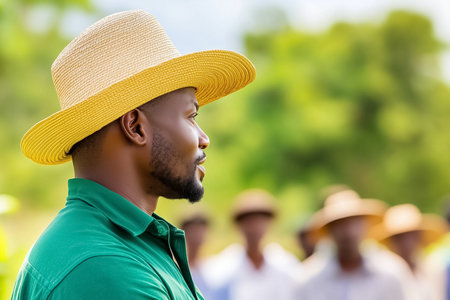 Man in straw hat talking with group of farmers in lush green environment. Bright natural setting showcasing agriculture and teamwork. Concept of farming, community involvement, rural livelihood.の素材