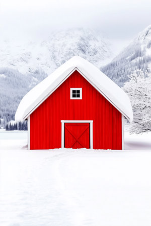 Bright red barn stands out against smooth white snow in a tranquil winter landscape. Soft light reflects off snow-covered mountains in background.の素材