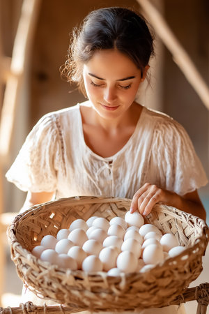 Woman holding basket filled with white eggs while looking down with focus in rustic farm environment. Soft natural light enhances warm atmosphere, showcasing farm produce.の素材