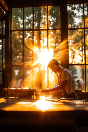 Craftsman working diligently in workshop with sunlight streaming through large windows. Warm golden rays illuminate surroundings, creating tranquil ambiance.の素材