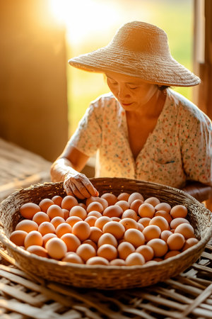 Woman sorting through fresh eggs in large wicker basket. Rustic wooden setting illuminated by warm sunlight creates inviting farm atmosphere. Concept of agriculture, farming, rural living.の素材
