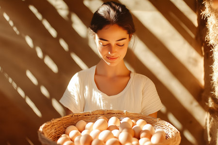 Woman holding large basket filled with fresh eggs. Warm sunlight filters through wooden beams, creating a rustic farm atmosphere. Concept of farm fresh produce, sustainability, natural living.の素材