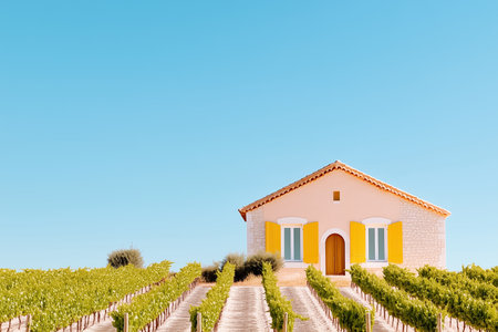 Vineyard house with yellow shutters situated among lush green grapevines. Clear blue sky setting adds tranquility to landscape. Concept of agriculture, rural living, outdoor beauty.の素材