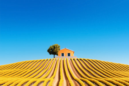 Vibrant yellow fields stretch towards a quaint orange house surrounded by a single tree. The clear blue sky enhances this peaceful rural setting. Concept of agriculture, country living, tranquility.の素材