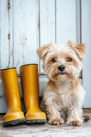 Small dog sitting next to yellow rubber boots. Indoor setting with wooden door and rustic decor. Concept of pet safety, home enjoyment, dog care.の素材