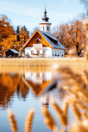 Wooden house located by serene lake displaying autumn colors. Golden trees surround clear water reflecting warm tones. Concept of nature beauty, travel inspiration, outdoor retreats.の素材