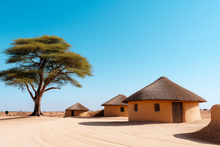 Traditional huts with thatched roofs situated in an African village. A tall tree stands nearby against a backdrop of clear blue sky. Concept of cultural heritage, rural living, community.の素材