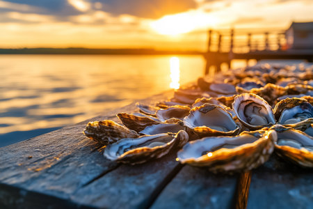 Oysters displayed on wooden dock with sunset reflecting off calm water. Warm golden hues create tranquil setting at evening. Concept of seafood, gourmet dining, restaurant marketing.の素材