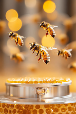 Bees hovering above honeycomb in warm golden light, close-up view shows texture of honey and insects. Natural macro scene. Concept beekeeping, food industry, honey production.の素材