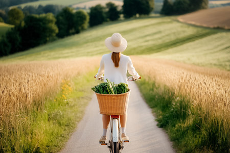 Woman cycling along dirt path in countryside with basket full of fresh vegetables. Sunlit fields and green hills in background. Concept of outdoor fitness, healthy living, local agriculture.の素材
