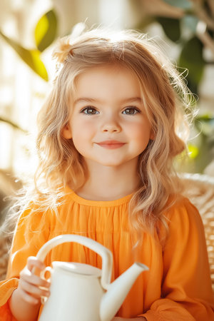 Girl smiling while holding white watering can. Bright, cozy room filled with green plants and soft sunlight. Concept of home gardening, childhood joy, creative activities.の素材