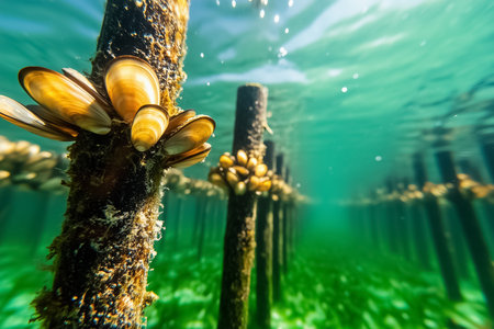 Mussels growing on wooden posts submerged in clear green water. Underwater setting highlights marine biodiversity and habitat. Concept of aquaculture, marine research, environmental conservation.の素材