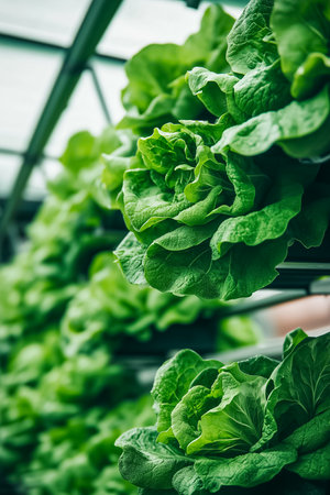Green lettuce thrives in hydroponic system with vertical growing setup. Indoor setting with efficient water usage highlighting sustainable agriculture practices.の素材