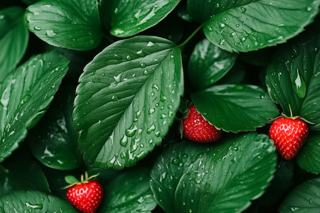 Ripe strawberries positioned among vibrant green leaves with glistening water droplets showcasing freshness. Ideal for concepts in agriculture, gardening, food marketing.の素材