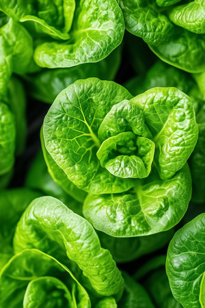 Romaine lettuce leaves arranged in lush green layers. Fresh setting highlighting vibrant color and texture of organic produce. Concept of health food, culinary arts, organic farming.の素材