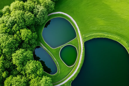 Serene water bodies surrounded by vibrant green foliage. Clear blue sky setting over peaceful landscape with lush greenery. Concept of nature appreciation, outdoor recreation, eco-tourism.の素材