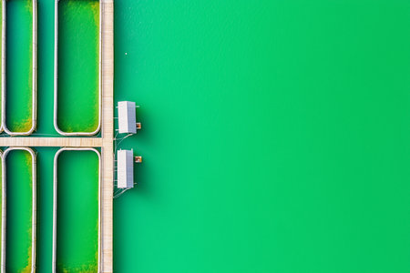 Green water surrounding wooden piers with floating structures. Unique aquaculture setting showing organized fish farming area.の素材
