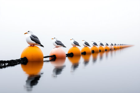 Seagulls perched on bright orange buoys in calm water. Foggy atmosphere creates serene marine setting. Concept of coastal life, nature conservation, wildlife photography.の素材