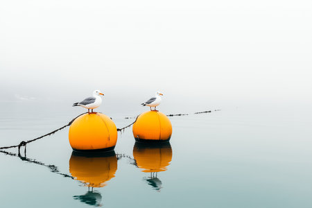 Seagulls standing on yellow buoys in calm water, reflected in foggy setting. Peaceful coastal scene with muted colors enhances tranquility.の素材