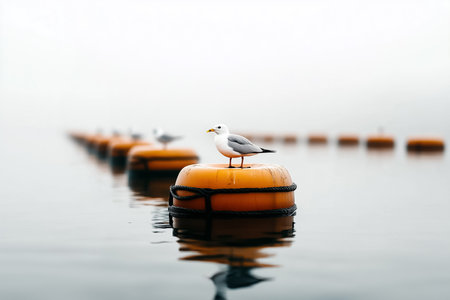 Seagull standing confidently on floating orange buoy in misty harbor. Soft fog surrounds tranquil water reflecting calm ambiance. Concept of marine life, nature observation, coastal tourism.の素材