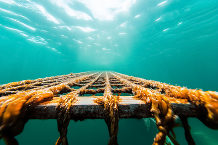 Underwater view of grid structure covered with seaweed. Light filters through clear water creating serene ambiance. Concept of marine biology, ocean exploration, aquaculture.の素材