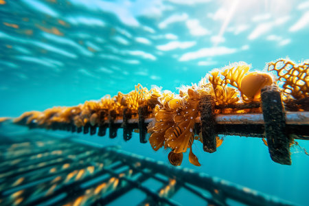 Kelp growing on submerged rope structure in clear blue water with sunlight filtering through, forming part of marine aquaculture system. Concept ocean farming, sustainability, underwater agriculture.の素材