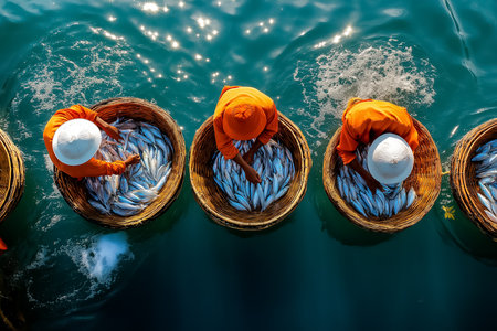 Fishermen sorting freshly caught fish into woven baskets by the calm sea. Early morning light reflects off water, creating serene setting. Concept of fishing, seafood industry, coastal livelihood.の素材