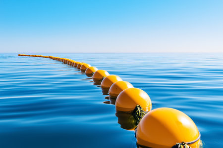 Yellow buoys float in tranquil ocean waters, forming a straight line against a clear blue sky. This scenic view captures coastal serenity and maritime elements.の素材