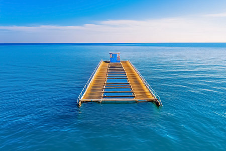 Pier extends into calm blue ocean with clear sky above. Tranquil setting reflects peaceful waters and distant horizon. Concept of relaxation, travel, coastal tourism.の素材