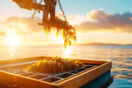 Seaweed being harvested from ocean at sunset. Sunlight illuminating rich textures and colors of algae. Concept of marine agriculture, sustainability, environmental conservation.の素材