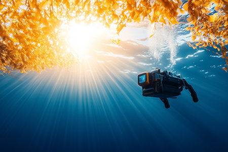 Underwater drone hovering in kelp forest while sunlight penetrates through water creating beautiful rays. Concept of marine exploration, underwater technology, ocean research.の素材