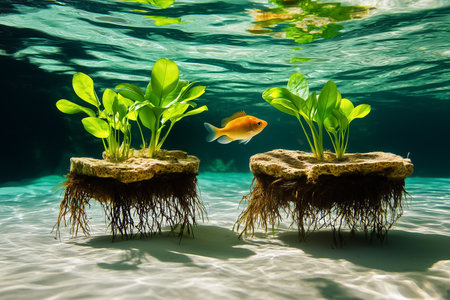 Fish swims gracefully near aquatic plants with visible roots in clear blue water. Aquatic environment with serene setting, showcasing natural underwater beauty.の素材