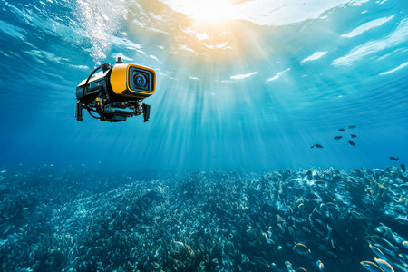 Remote-operated vehicle exploring vibrant coral reef filled with schools of fish. Sunlight beams penetrate clear blue water, creating mesmerizing underwater atmosphere.の素材