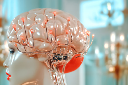 Brain sculpture with neural connections and glowing elements. Artistic installation in modern gallery setting, highlighting creativity and science intersection.の素材