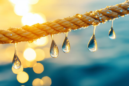 Water droplets hanging from rope shining in sunlight. Background features blurred water surface with soft bokeh effect. Concept of marine, nautical, photography, relaxation.の素材