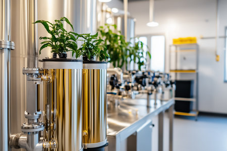 Metal equipment in laboratory with plants adding freshness. Clean, bright workspace featuring silver surfaces and golden cylinders. Concept of innovation, research, sustainability.の素材