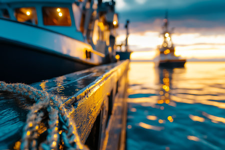Fishing boats docked along wooden pier during stunning sunset. Soft glow reflects on water's surface creating tranquil atmosphere. Concept of fishing industry, maritime activities, outdoor adventure.の素材
