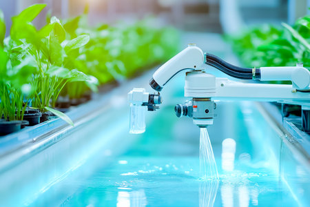 Robotic arm watering plants in hydroponic greenhouse. Bright and clean setting with rows of lush green plants. Concept of modern agriculture, sustainable farming, and automation.の素材