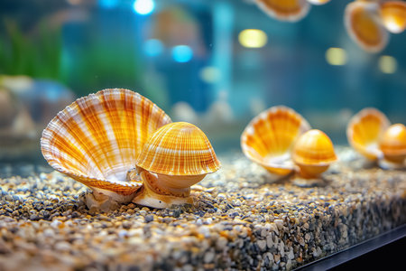 Colorful sea shells resting on gravel in aquarium. Vibrant underwater setting with gentle lighting enhancing natural beauty. Concept of marine life, aquariums, ocean decor.の素材