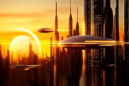 Flying saucers traverse futuristic city skyline during a vibrant sunset. High-rise buildings reflect golden hues with a dynamic atmosphere. Concept of science fiction, urban innovation, technology.の素材