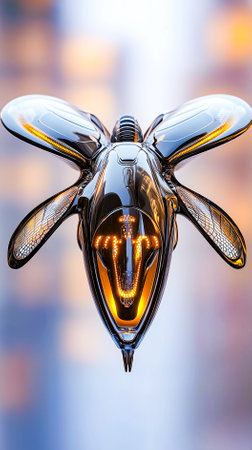 Metallic insect sculpture featuring detailed wings and glowing body. Artwork displayed in urban setting, creating striking contrast with background.の素材