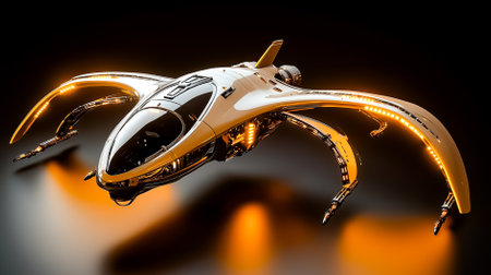 Futuristic spaceship soaring through dark space with glowing accents. Sleek design emphasizing advanced technology and innovation.の素材