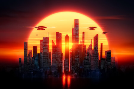 Futuristic skyline with tall skyscrapers set against a vibrant sunset. Drones flying over city reflecting advanced technology. Concept of urban development, innovation, technology.の素材