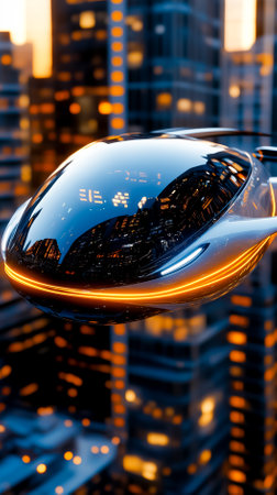 Futuristic flying vehicle hovers above illuminated cityscape during dusk. Bright lights reflect off sleek surface. Concept of urban transportation, innovation, technology development.の素材