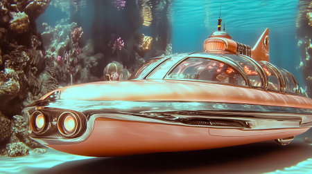 Futuristic submarine gliding through vibrant underwater reef with colorful corals and marine life. Underwater setting with bright colors creates an enchanting aquatic scene.の素材