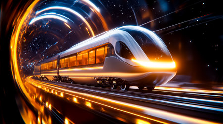 Futuristic train speeds through neon tunnel with dynamic light effects. High-tech atmosphere enhancing transportation concept. Suitable for technology, public transport, design.の素材