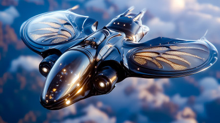 Futuristic flying craft in flight with intricate wing design. Clouds create a dreamy backdrop, highlighting advanced engineering concepts. Concept of aviation, technology, design innovation.の素材