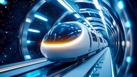 High-speed train moves smoothly through glowing tunnel with futuristic technology. Bright lights create dynamic atmosphere in a tech-driven environment. Concept of transportation, innovation, travel.の素材