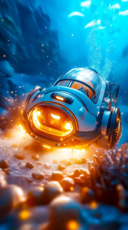 Submarine gliding through vibrant underwater scene with glowing lights. Colorful aquatic life surrounds it in rocky ocean environment.の素材